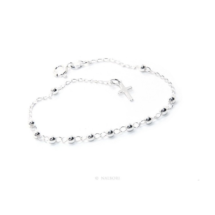 NSA|Bracciale uomo donna ragazzo Argento 925 rosario palline 3 mm semplice croce latina cm 17,00