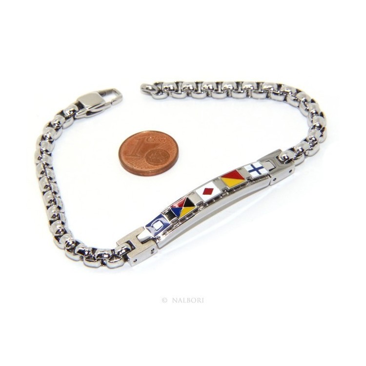 NSA|NALBORI Bracciale uomo acciaio cromato anallergico bullonato targa con bandiere smaltate 19,50 cm