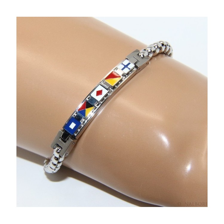 NSA|NALBORI Bracciale uomo acciaio cromato anallergico bullonato targa con bandiere smaltate 19,50 cm
