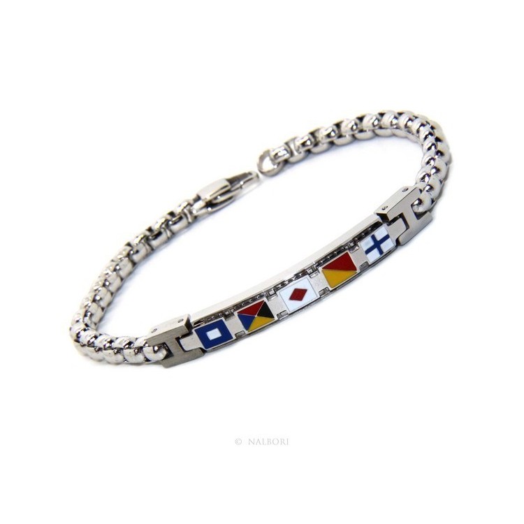 NSA|NALBORI Bracciale uomo acciaio cromato anallergico bullonato targa con bandiere smaltate 19,50 cm