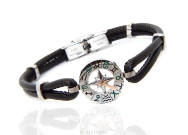 NSA|Bracciale Acciaio e simil pelle uomo anallergico disco smaltato zodiaco segni zodiacali 19 cm