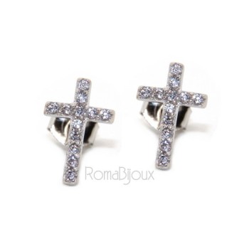 NSA|Argento 925 : orecchini uomo/donna punto luce croce pavè zircone bianco 11x7,5 mm