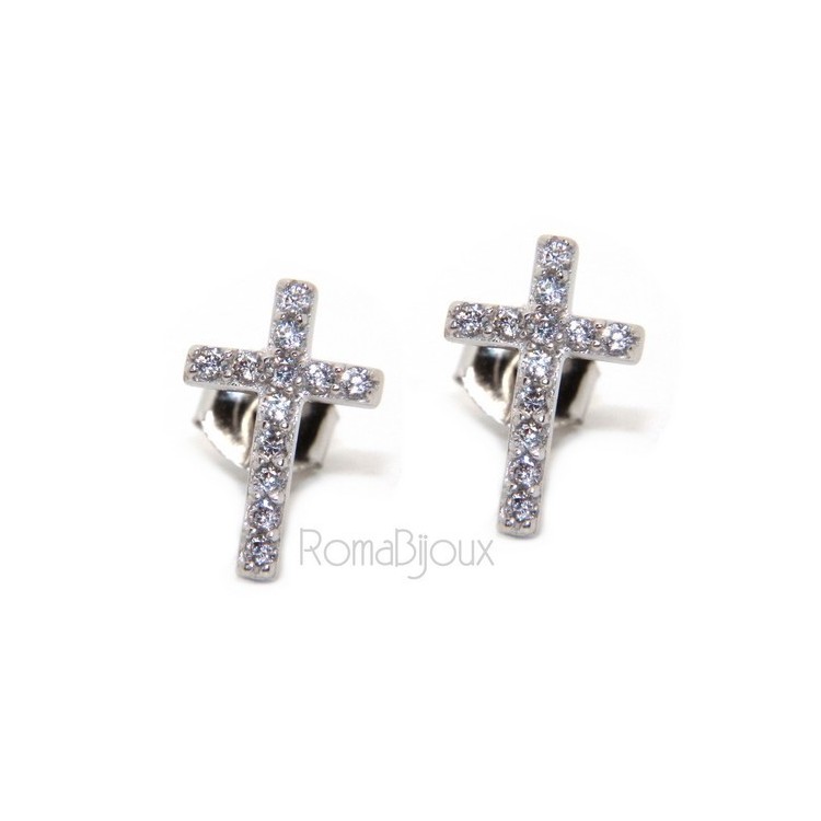 NSA|Argento 925 : orecchini uomo/donna punto luce croce pavè zircone bianco 11x7,5 mm
