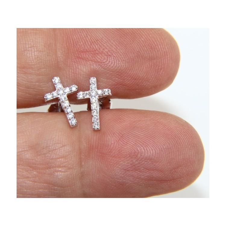 NSA|Argento 925 : orecchini uomo/donna punto luce croce pavè zircone bianco 11x7,5 mm
