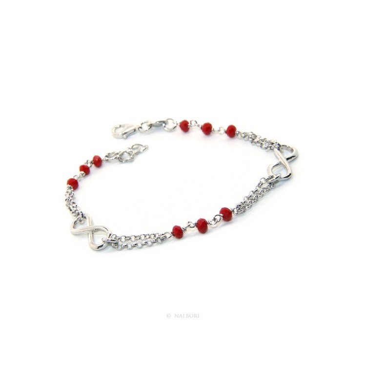 NSA|Bracciale uomo donna Argento 925 lavorazione a rosario cristallo rosso con infinito 15,50-18,00 cm