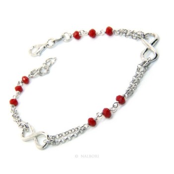 NSA|Bracciale uomo donna Argento 925 lavorazione a rosario cristallo rosso con infinito 15,50-18,00 cm