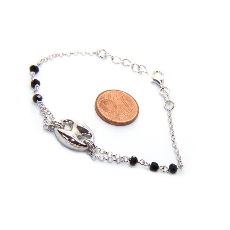 NSA|Bracciale uomo donna ragazzo Argento 925 lavorazione a rosario cristallo nero con maglia marina bombata 15,00-18,00 cm