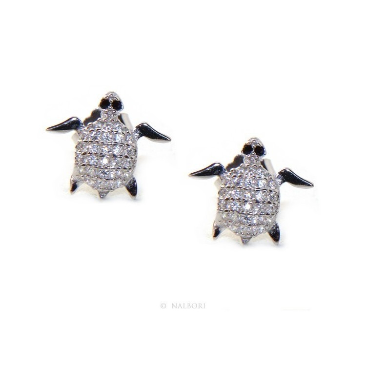 NSA|Silver Turtle Earrings With Pavilion Microsetting Of Small White Zirconia Brilliant Cut