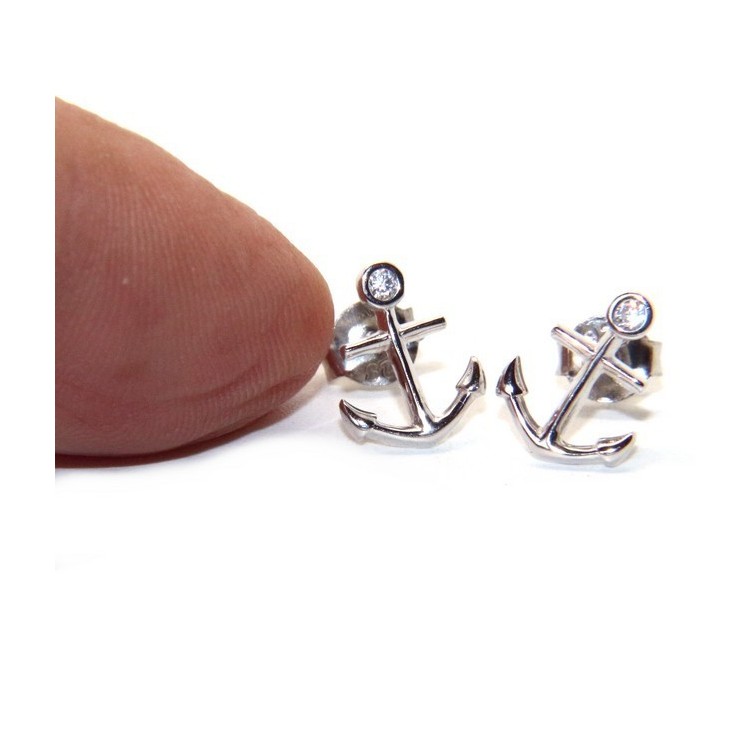 NSA|orecchini da uomo o donna in argento 925 a forma di ancora con zircone bianco taglio brillante incastonato a cipollino