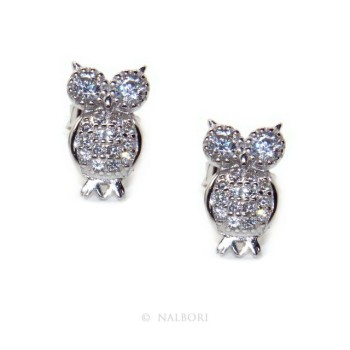 NSA|Orecchini da donna argento 925 a forma di gufo civetta con pave' di zirconi bianchi