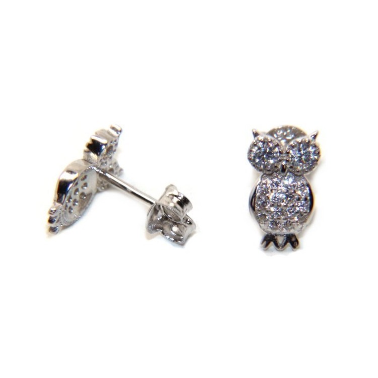 NSA|Orecchini da donna argento 925 a forma di gufo civetta con pave' di zirconi bianchi