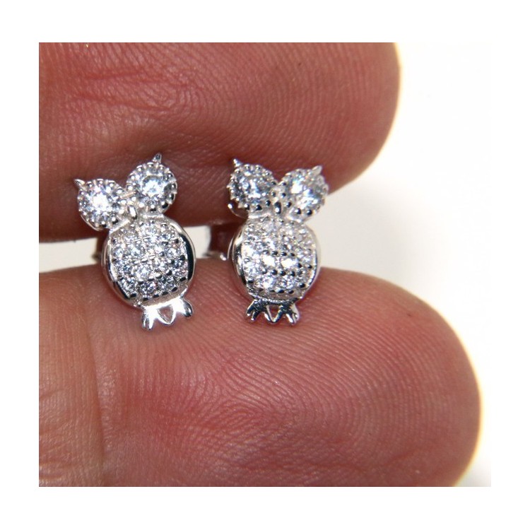 NSA|Orecchini da donna argento 925 a forma di gufo civetta con pave' di zirconi bianchi