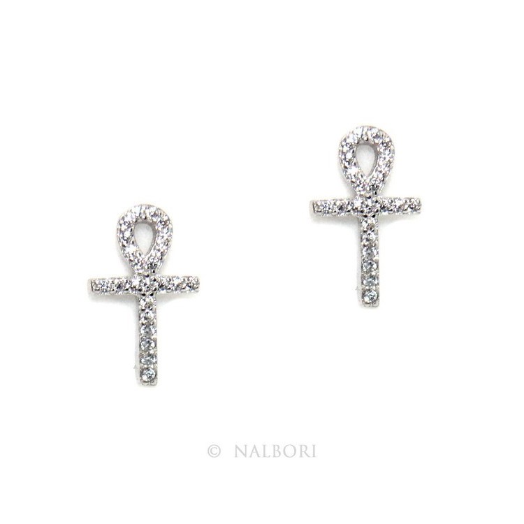 NSA|Earrings for women Egyptian key cross of life in 925 silver with white cubic zirconia stones