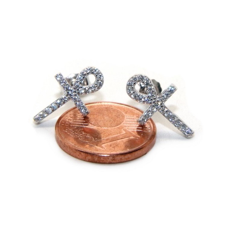 NSA|Earrings for women Egyptian key cross of life in 925 silver with white cubic zirconia stones