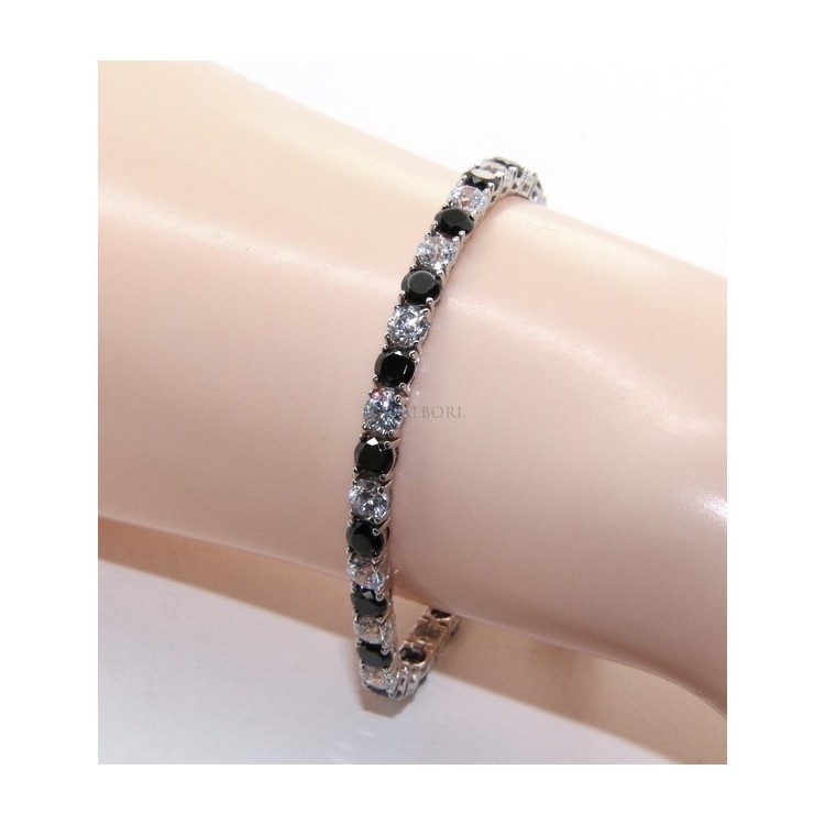 NSA|Woman's bracelet in 925 Sterling Silver Tennis model With black and white 4 mm 17.5 cm cubic zirconia jaws