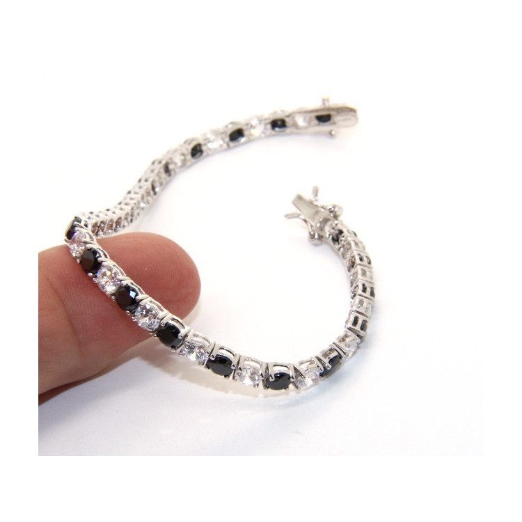 NSA|Woman's bracelet in 925 Sterling Silver Tennis model With black and white 4 mm 17.5 cm cubic zirconia jaws