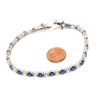 NSA|Woman's bracelet in 925 Sterling Silver Tennis model With blue sapphire and white 4 mm 17.5 cm cubic zirconia jaws