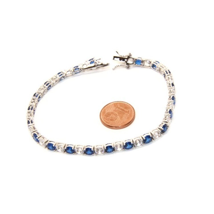 NSA|Woman's bracelet in 925 Sterling Silver Tennis model With blue sapphire and white 4 mm 17.5 cm cubic zirconia jaws