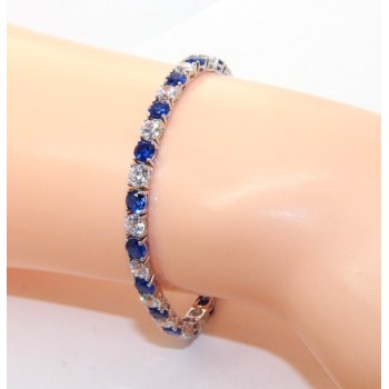 NSA|Woman's bracelet in 925 Sterling Silver Tennis model With blue sapphire and white 4 mm 17.5 cm cubic zirconia jaws