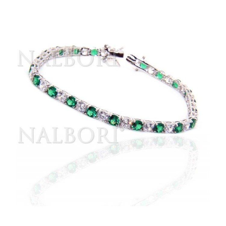 NSA|Woman's bracelet in 925 Sterling Silver Tennis model With emerald green and white 4 mm 17.5 cm cubic zirconia jaws