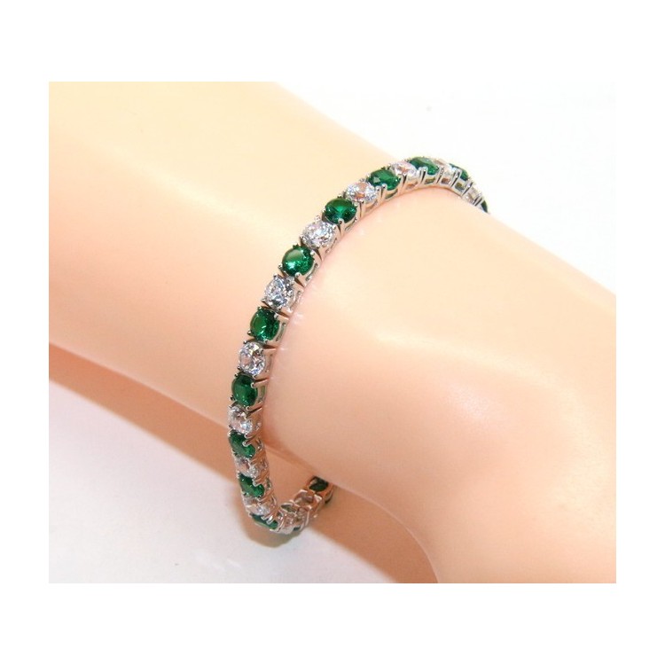 NSA|Woman's bracelet in 925 Sterling Silver Tennis model With emerald green and white 4 mm 17.5 cm cubic zirconia jaws