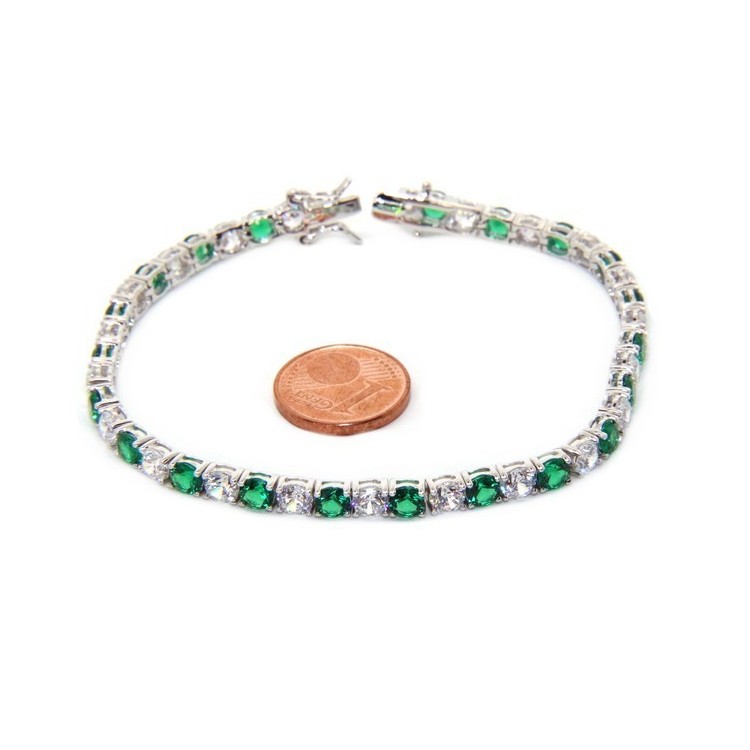 NSA|Woman's bracelet in 925 Sterling Silver Tennis model With emerald green and white 4 mm 17.5 cm cubic zirconia jaws