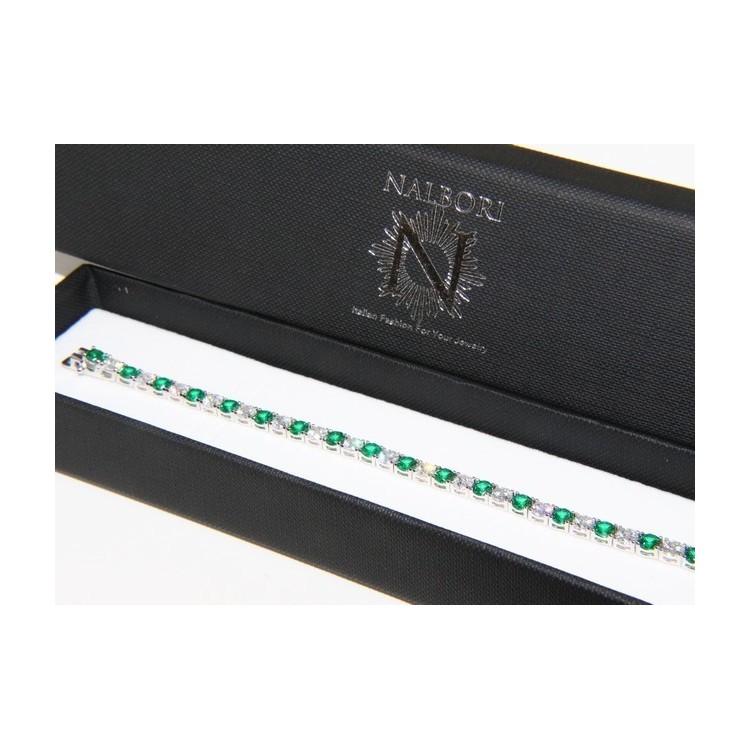 NSA|Woman's bracelet in 925 Sterling Silver Tennis model With emerald green and white 4 mm 17.5 cm cubic zirconia jaws
