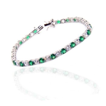 NSA|Woman's bracelet in 925 Sterling Silver Tennis model With emerald green and white 4 mm 17.5 cm cubic zirconia jaws