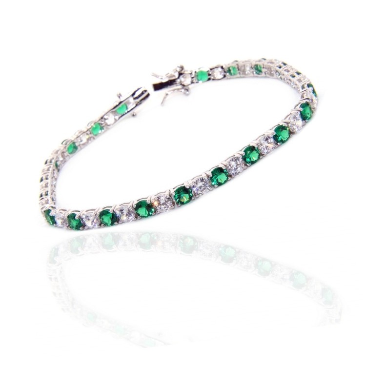 NSA|Woman's bracelet in 925 Sterling Silver Tennis model With emerald green and white 4 mm 17.5 cm cubic zirconia jaws