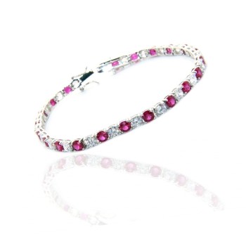 NSA|Woman's bracelet in 925 Sterling Silver Tennis model With rubin red and white 4 mm 17.5 cm cubic zirconia jaws