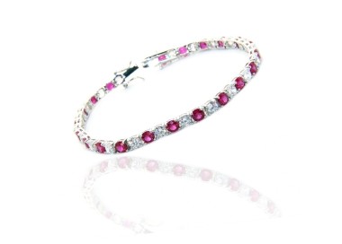 NSA|Woman's bracelet in 925 Sterling Silver Tennis model With rubin red and white 4 mm 17.5 cm cubic zirconia jaws