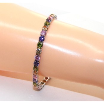 NSA|Woman's bracelet in 925 Sterling Silver Tennis model With yellow green purple rose 4 mm 17.5 cm cubic zirconia jaws