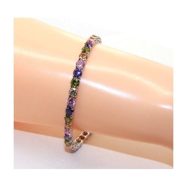 NSA|Woman's bracelet in 925 Sterling Silver Tennis model With yellow green purple rose 4 mm 17.5 cm cubic zirconia jaws