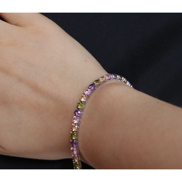NSA|Woman's bracelet in 925 Sterling Silver Tennis model With yellow green purple rose 4 mm 17.5 cm cubic zirconia jaws