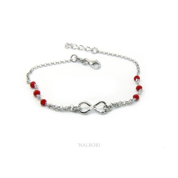 NSA|Bracciale uomo donna Argento 925 lavorazione a rosario cristallo rosso con 1 elemento infinito 17,50-19,50 cm