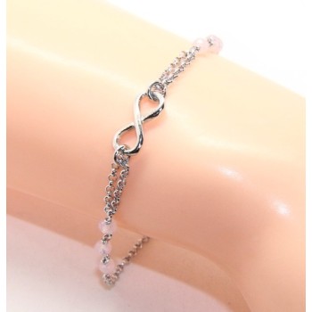 NSA|Bracciale uomo donna Argento 925 lavorazione a rosario cristallo rosa chiaro con 1 elemento infinito 15,00 -17,50 cm