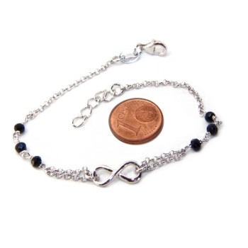 NSA|Bracciale uomo donna Argento 925 lavorazione a rosario cristallo nero con 1 elemento infinito 17,50-19,50 cm