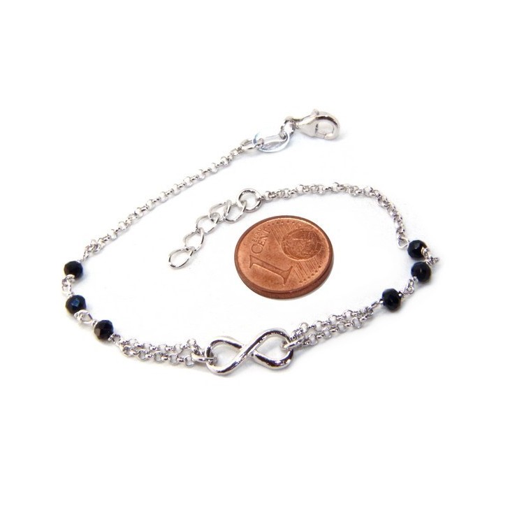 NSA|Bracciale uomo donna Argento 925 lavorazione a rosario cristallo nero con 1 elemento infinito 17,50-19,50 cm
