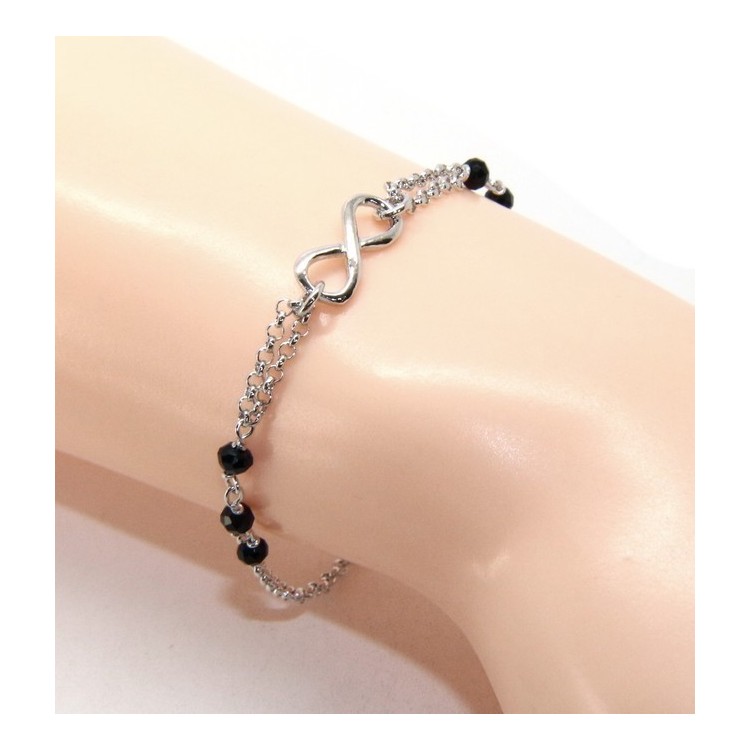 NSA|Bracciale uomo donna Argento 925 lavorazione a rosario cristallo nero con 1 elemento infinito 17,50-19,50 cm