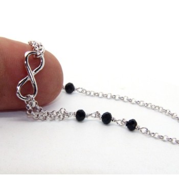 NSA|Bracciale uomo donna Argento 925 lavorazione a rosario cristallo nero con 1 elemento infinito 17,50-19,50 cm