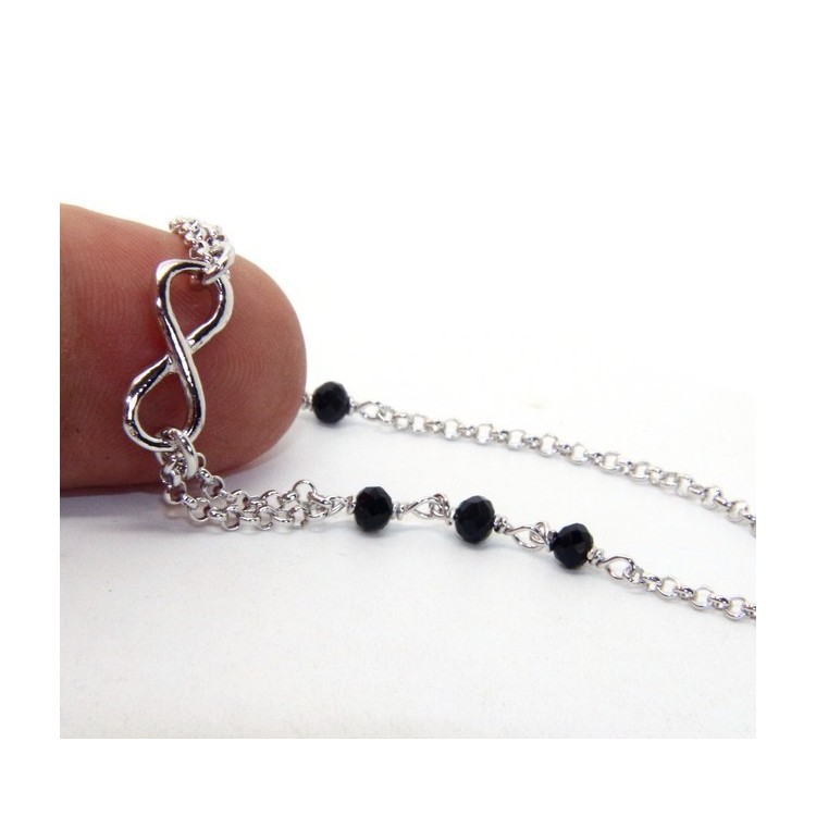 NSA|Bracciale uomo donna Argento 925 lavorazione a rosario cristallo nero con 1 elemento infinito 17,50-19,50 cm