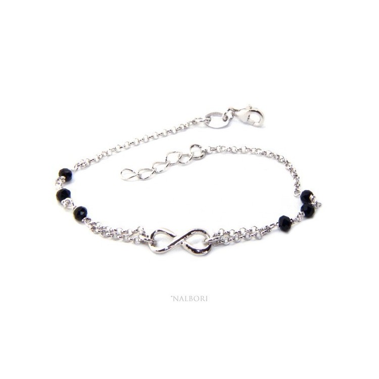 NSA|Bracciale uomo donna Argento 925 lavorazione a rosario cristallo nero con 1 elemento infinito 17,50-19,50 cm