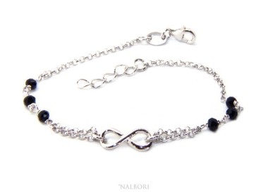 NSA|Bracciale uomo donna Argento 925 lavorazione a rosario cristallo nero con 1 elemento infinito 17,50-19,50 cm