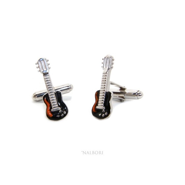 NSA|Gemelli Uomo chitarra elettrica per camicia in Argento 925 smalto nero realizzati a mano