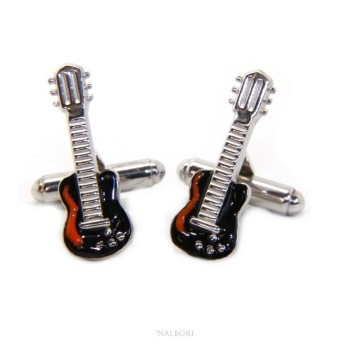 NSA|Mens Cufflinks for electric guitar shirt Silver 925 black enamel handmade
