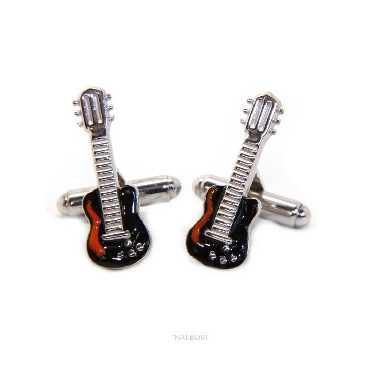 NSA|Mens Cufflinks for electric guitar shirt Silver 925 black enamel handmade