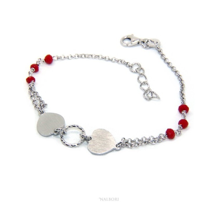 NSA|Bracciale uomo donna Argento 925 cristallo rosso con doppio cuore satinato e cerchio diamantato 18,00 - 20,50 cm