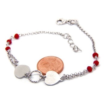 NSA|Bracciale uomo donna Argento 925 cristallo rosso con doppio cuore satinato e cerchio diamantato 18,00 - 20,50 cm