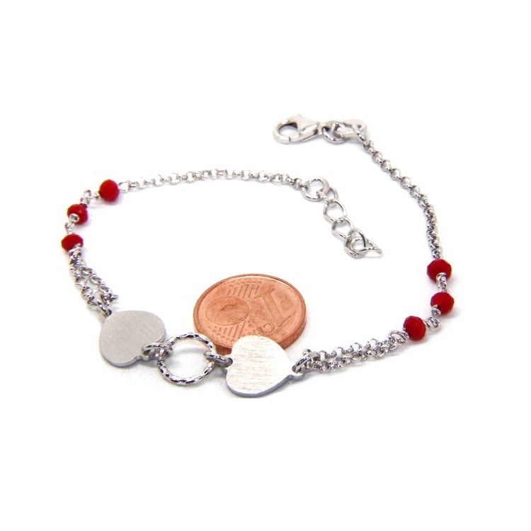 NSA|Bracciale uomo donna Argento 925 cristallo rosso con doppio cuore satinato e cerchio diamantato 18,00 - 20,50 cm