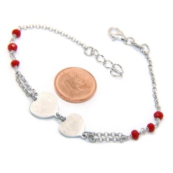 NSA|Bracelet man woman Silver 925 red crystal with double satin heart and diamond circle 18.00 - 20.50 cm